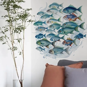 Tropical school of fish wall stickers in blue-green shades for living room decoration