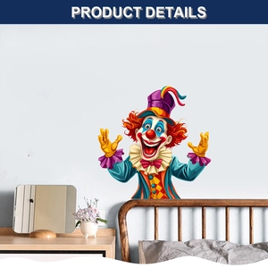 Detailed view of colorful cartoon clown wall sticker applied on bedroom headboard wall