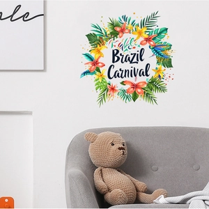 Detail of tropical Brazil Carnival wall decal with floral wreath above a cozy sofa