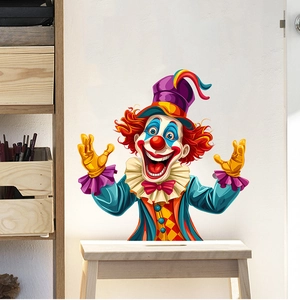 Vibrant circus clown wall sticker applied on a white wall above a wooden stool décor
