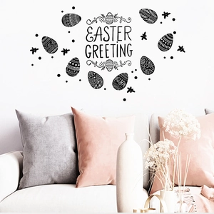 Detail of Easter Greeting wall decals with decorative patterned eggs in a living room setting