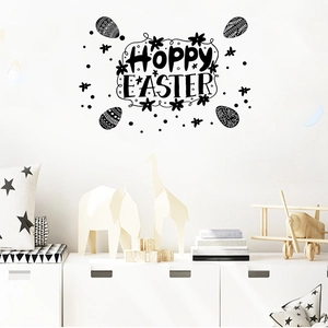Close-up of Hoppy Easter black wall sticker with eggs and floral patterns in a room