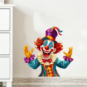 Detail of colorful cartoon circus clown wall sticker applied on a clean white interior wall