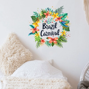 Tropical Brazil Carnival Green Leaf Flower Wreath Wall Sticker Removable PVC Round Floral Wall Decal For Living Room Home Decor