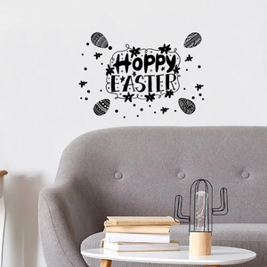 Detailed view of black Hoppy Easter wall decal with floral eggs in a modern living room