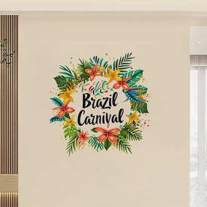 Tropical Brazil Carnival wall sticker with green palm leaves and hibiscus flower wreath
