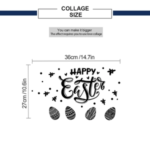 Detailed size chart for Happy Easter wall stickers showing product dimensions in centimeters
