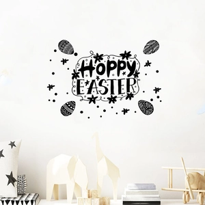Hoppy Easter Wall Sticker Black PVC Removable DIY Wall Decal With Eggs Flowers For Living Room Bedroom Home Decor