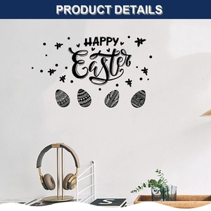 Detail of Happy Easter wall decal with decorative eggs on a clean living room wall