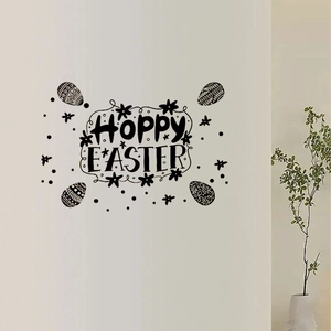 Hoppy Easter wall sticker with flowers and eggs on a minimalist white living room wall