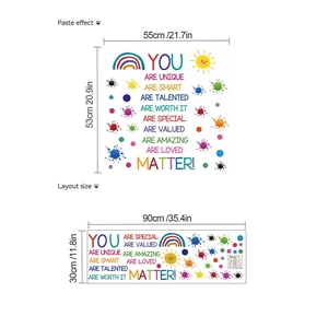 Rainbow paint splash wall stickers with motivational quotes showing layout and paste size