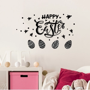 Detail of Happy Easter black wall sticker set with patterned eggs on a clean white wall