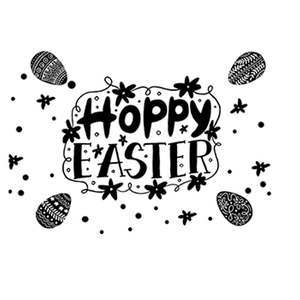 Minimalist black and white Hoppy Easter wall sticker with festive eggs and flowers