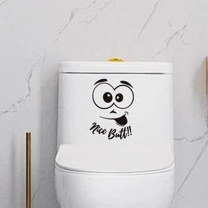 Funny cartoon smiling face toilet sticker with Nice Butt text on white bathroom lid