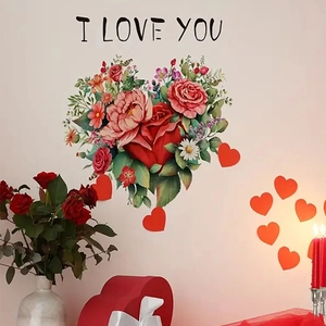 I Love You Heart Floral Wall Sticker Romantic Rose PVC Decal For Bedroom Living Room Wedding Home Decor Self-Adhesive Mural