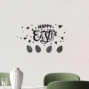 Minimalist black Happy Easter wall decal with decorative eggs for modern living room decor