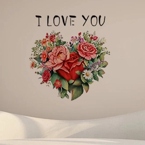 Romantic heart-shaped floral wall sticker with I Love You text for bedroom decor