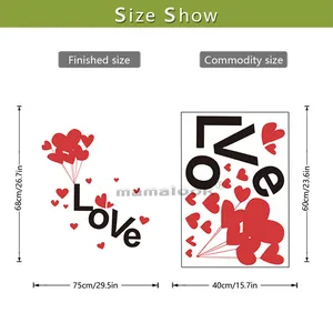 Size chart showing finished 68x75cm dimensions for LOVE and heart balloon wall decals