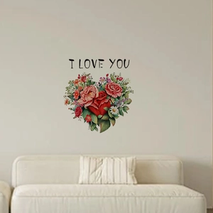 Macro detail of heart-shaped flower wall sticker with romantic I Love You lettering