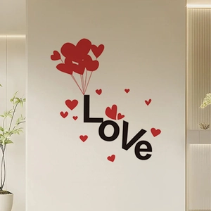 Romantic Love lettering wall sticker with red heart balloons for home decoration