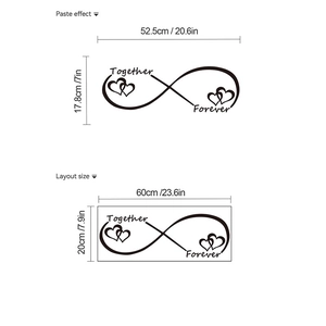 Infinity Herz Wandtattoo mit Together Forever Text zeigt Klebeeffekt und Layoutgröße