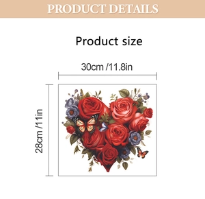 Detailed view showing heart-shaped rose floral wall decal dimensions 30cm by 28cm