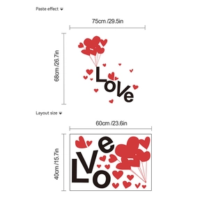 Creative LOVE heart balloon wall sticker showing paste effect and layout dimensions