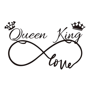 Infinity heart wall decal with Queen, King, and Love text and crown icons in black