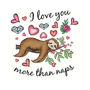 Sticker mural paresseux avec citation I love you more than naps et motifs cœurs