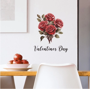 Dettaglio dell'adesivo murale con bouquet di rose rosse e testo Valentines Day sulla parete