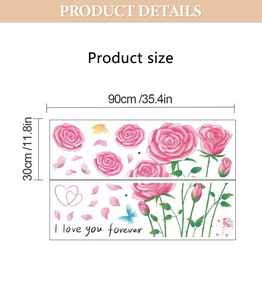 Detail view of pink rose wall decals with dimensions ninety by thirty centimeters