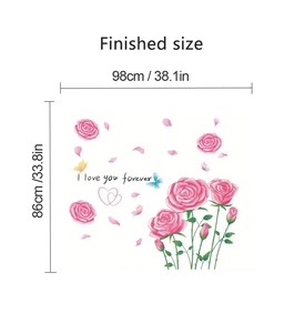 Detailed view of pink rose wall stickers with I love you forever text and size dimensions