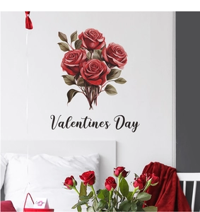 Dettaglio adesivo da parete con rose rosse e testo Valentines Day su muro bianco camera