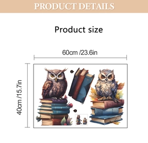 Detailed dimensions of cartoon owl and books wall sticker measuring 60cm by 40cm