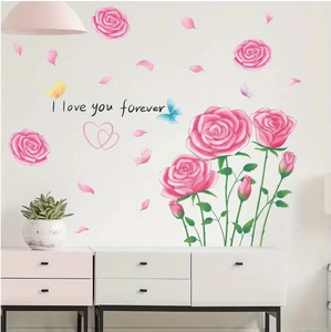 Detail of pink rose wall decals with butterflies and I love you forever quote
