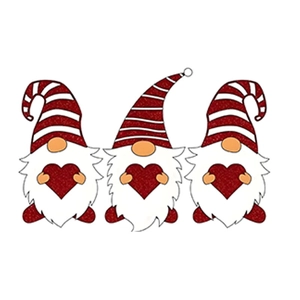 Three cartoon Christmas gnomes holding red glitter hearts self-adhesive wall stickers