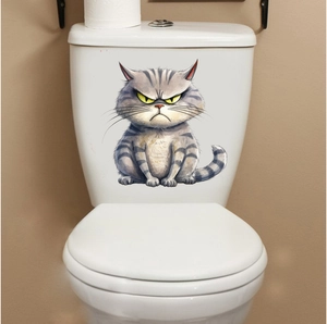 Detailed view of fierce angry gray tabby cat wall sticker applied on a white toilet tank