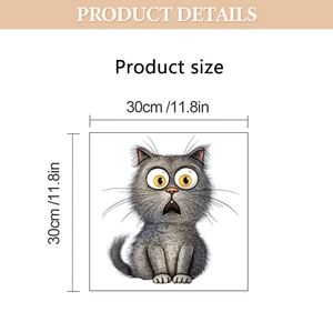 Detailed dimensions of 30x30cm surprised grey cat toilet sticker with product sizing info