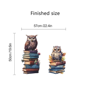 Detailed wall sticker dimensions showing 57x50cm size for cartoon owls on books