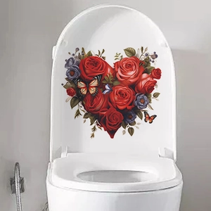 Self-adhesive red rose heart wall sticker with butterfly for bathroom decor