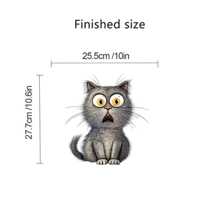 Detailed dimensions of the scared cat wall sticker with grey fur and yellow eyes
