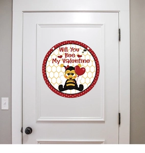 Detail of round Valentine honey bee door sticker with Will You Bee My Valentine text