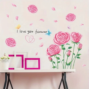 Romantic Pink Rose Wall Sticker Removable PVC Floral Butterfly Heart Decals I Love You Forever Quote For Living Room Bedroom