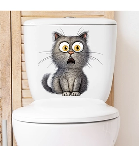 Funny grey scared cat toilet seat sticker with large orange eyes and vivid fur texture