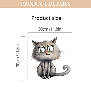 Funny cartoon cat toilet sticker detail showing dimensions of 30x30cm on white background
