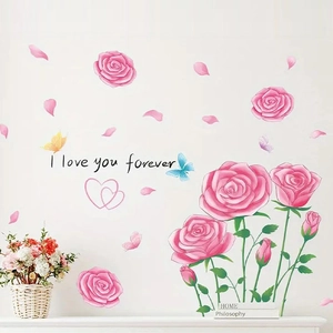 Pink rose wall stickers with butterflies and I love you forever text for living room decor