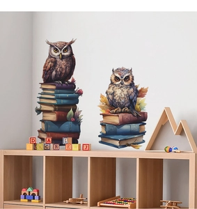Detail of watercolor owl on stack of books wall sticker set for a cozy kids room decor