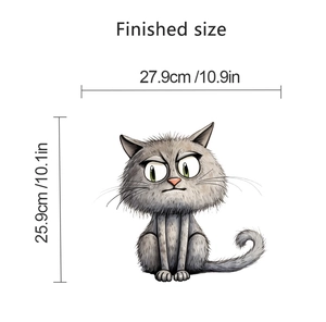Funny grey cartoon cat toilet sticker dimensions showing finished size 27.9x25.9 cm