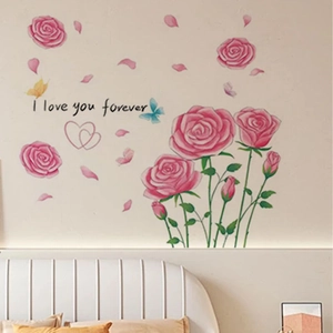 Pink rose wall stickers with butterflies and heart patterns for bedroom home decor