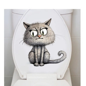 Funny gray cartoon cat toilet seat sticker with expressive eyes and waterproof PVC material